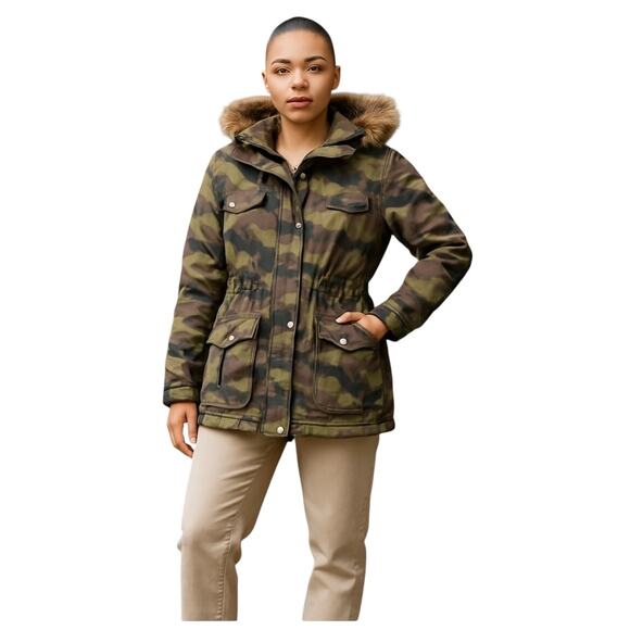 SNOBBISH faux fur trim camo puffy utility hooded coat thick zip & snap NWT Sz M - Picture 1 of 11